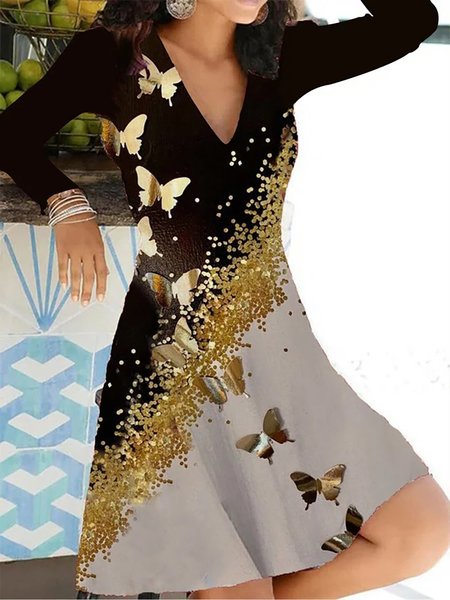 Butterfly Printed Long Sleeves V Neck Weaving Dress, Black, Mini Dresses