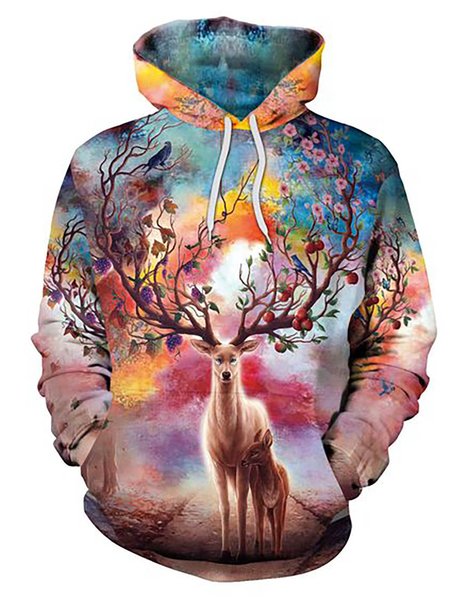 Elk Graphic Long Sleeve Hooded Sweatshirt, As picture, Hoodies&Sweatshirts