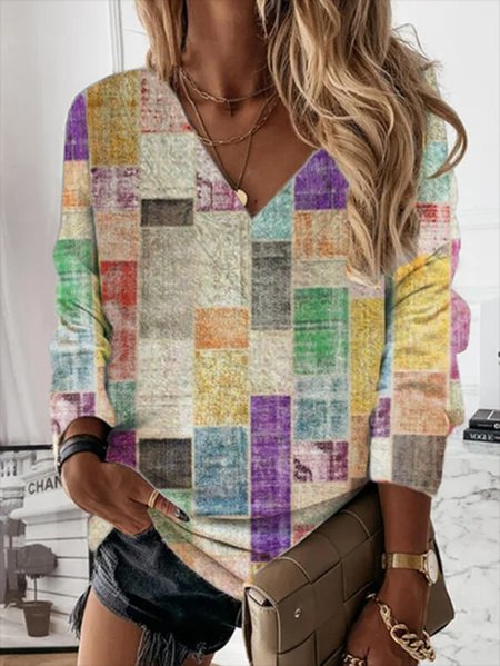 Long Sleeve Color Block Casual V Neck Shirts & Tops, Multicolor, T-Shirts