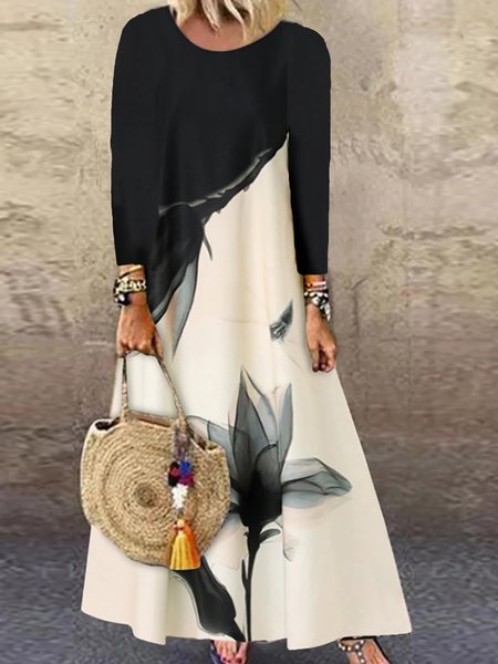 Casual Floral Print Round Neck Long Sleeves Maxi Dresses, Black-white, Tie dye dress
Casual Floral Print Round Neck Long Sleeves Maxi Dresses, Black-white, Tie dye dress