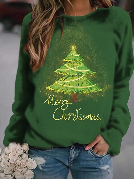 Round Neck Loosen Casual Sweatshirt, Green, Hoodies & Sweatshirts