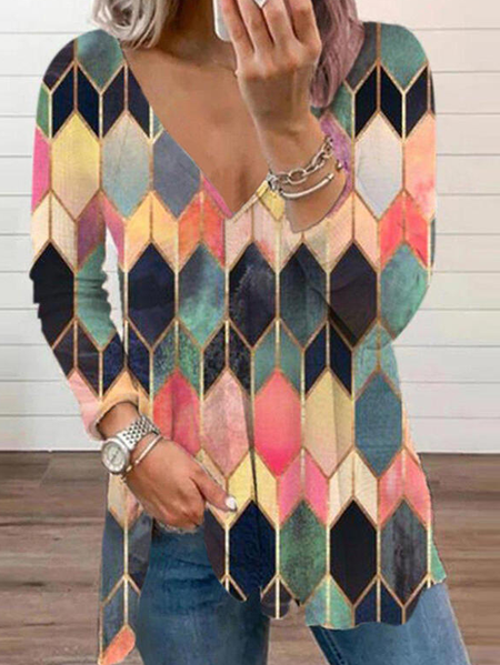 Geometric Casual Loosen Tops, Pink, Tops