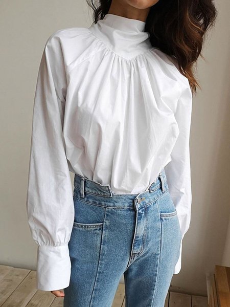 Long sleeve High Neck Elegant Shirt, White, Blouses and Shirts
