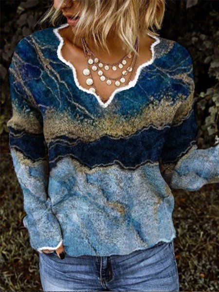 Casual Printed V Neck Long Sleeve Shirts & Tops, Blue, Tops