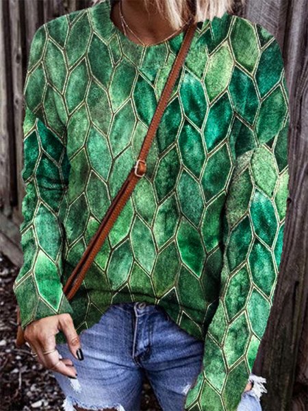 Leaves Casual Crew Neck Shirts & Tops, Green, Tops