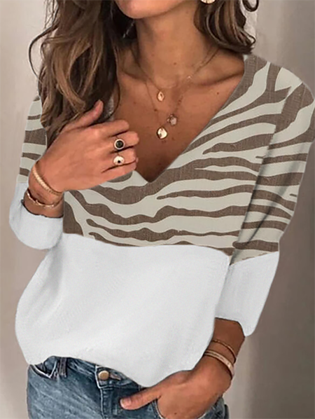 Plus size Zebra Printed Casual Shirts & Tops, Coffee, Tops