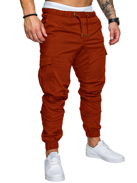 Men's Rubber Waist Patch Pocket Casual Pants, Coffee, Pants