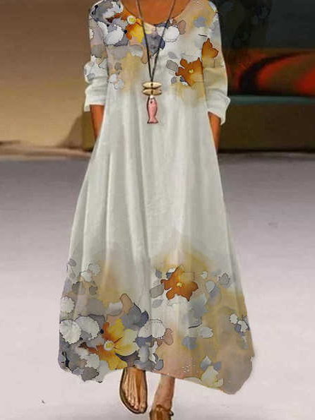 Loosen Leaves Crew Neck Dresses, White, Floral Dresses