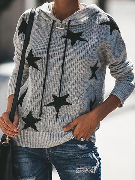 Plus size Star Knitted Hooded Sweater, Gray, Knitwear & Sweaters