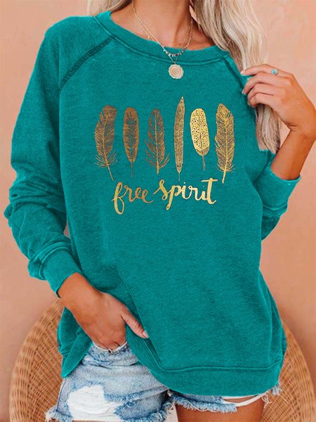 Golden Feather Loosen Boho Sweatshirt, Aqua blue, Hoodies & Sweatshirts