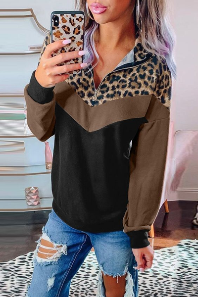 V Neck Casual Leopard Sweatshirt, Black, Hoodies & Sweatshirts