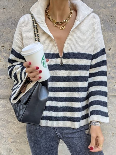 Striped Loosen Sweater, Black-white, Sweaters & Cardigans