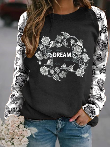 Vacation Floral Loosen Sweatshirt, Black-white, Hoodies & Sweatshirts