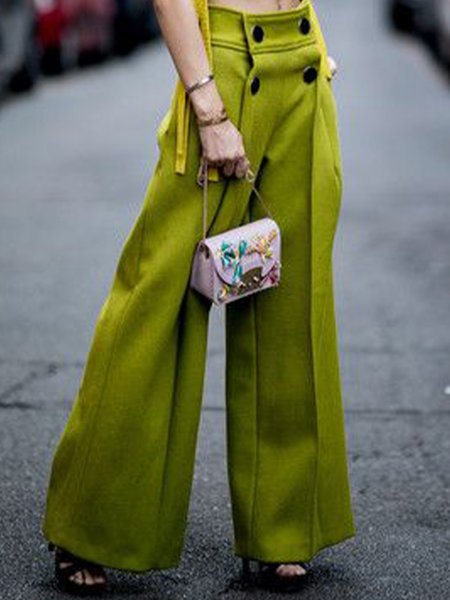 Solid Pants, Green, Wide Leg Pants