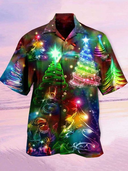 Mens Christmas Pine Tree Print Loose Short Sleeve Shirts, Green, Men's Floral shirt