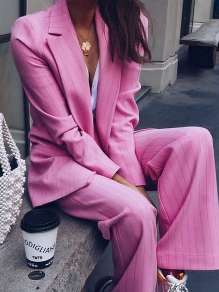 Casual Simple Flat Collar Striped Outerwear, Rose red, Blazers