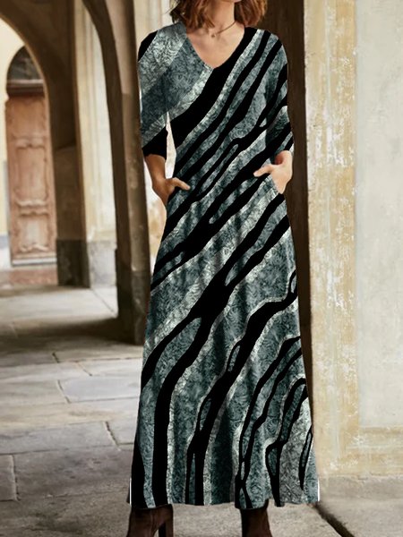 Crew Neck Vacation Striped Dresses, Darkgreen, Maxi Dresses