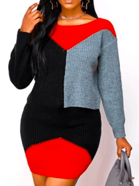 Fall Crew Neck Statement Geometric Daily High Stretch Dresses, Red, Mini Dresses
