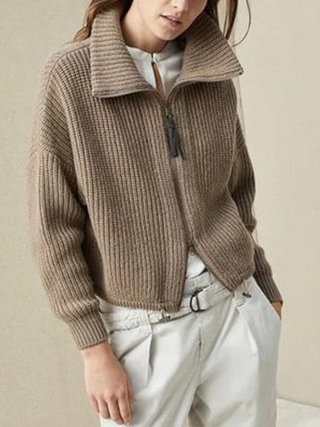 Long Sleeve Plain Loosen Casual Outerwear, Brown, Cardigans