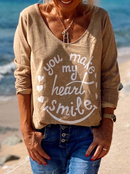 Vacation Casual Letter Print V-neck Long Sleeve T-Shirts, Khaki, Tees & T-shirts