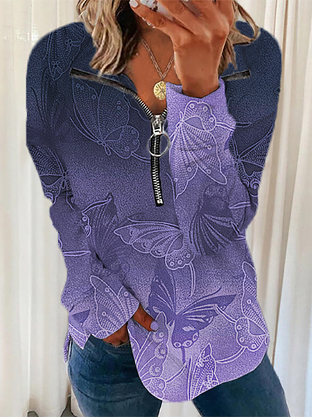 Plus size Butterfly Printed Sweatshirt, Blue, Hoodies & Sweatshirts