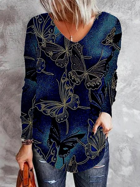 Vintage Farfalla Disegno Maniche Lunghe Scollo a V taglia grande Casuale Top, Nero-blu, T-Shirts
Vintage Farfalla Disegno Maniche Lunghe Scollo a V taglia grande Casuale Top, Nero-blu, T-Shirts