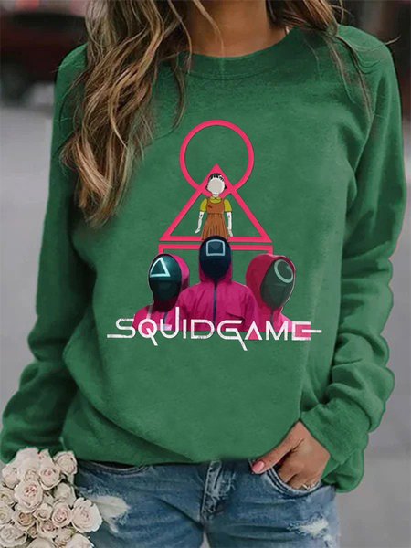 Squid Game Printed Long Sleeves Crew Neck Plus Size Casual Sweatshirts, Green, Hoodies & Sweatshirts