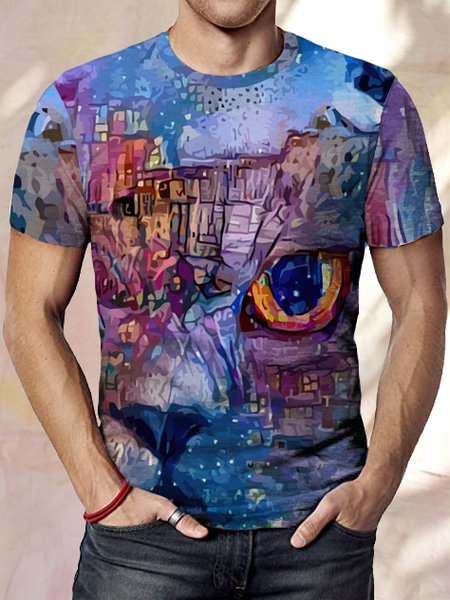 Abstract cat print round neck short-sleeved T-shirt, As picture, T-shirts
Abstract cat print round neck short-sleeved T-shirt, As picture, T-shirts