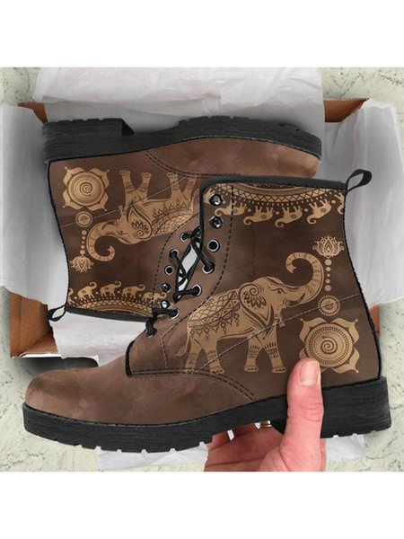 Casual Elephant Print Martin Combat Boots, Brown, Boots