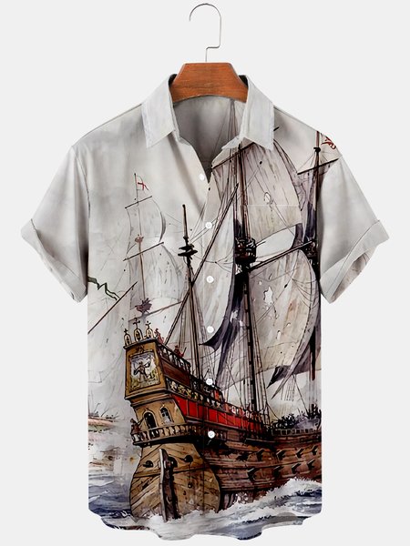 Short Sleeve Shirt Collar Shirts, Gray, Men's Floral shirt