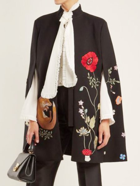 Printed Stand Collar Elegant Outerwear, Black, Coats