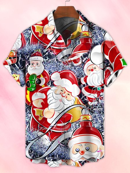 Santa Claus Short Sleeve Shirt Collar Shirts & Tops, As picture, Men's Floral shirt