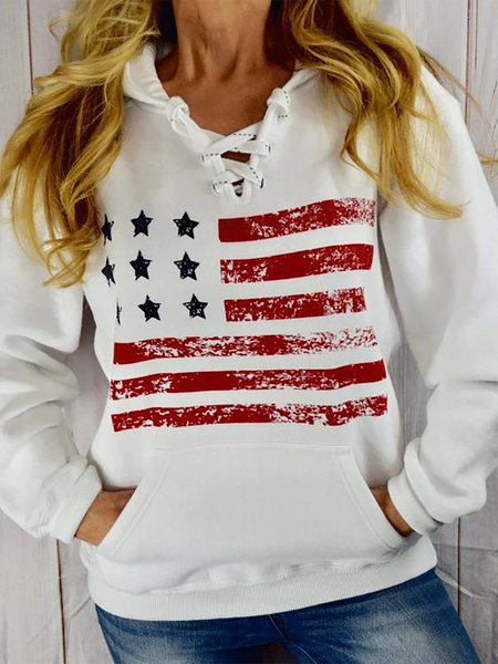 Loosen Long Sleeves Flag Printed Hooded Sweatshirt, White, Hoodies & Sweatshirts