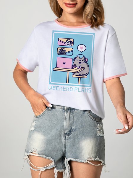 Unocis Cat Printed Round Neck Short Sleeve Ringer Tee, Pink, T-shirts