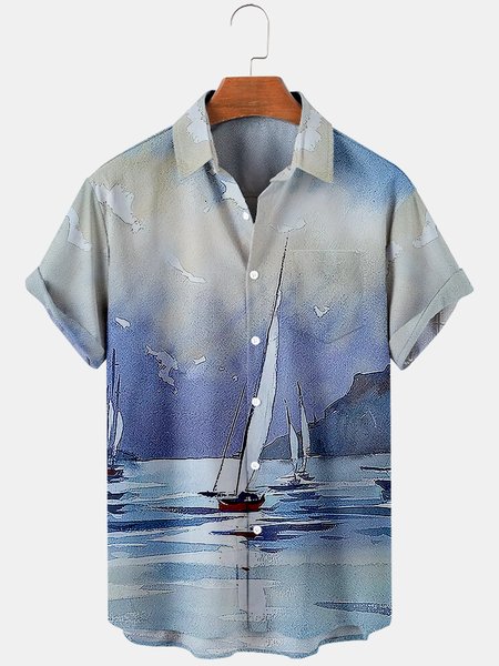 Street Shirt Collar Shirts, Blue, Men's Floral shirt