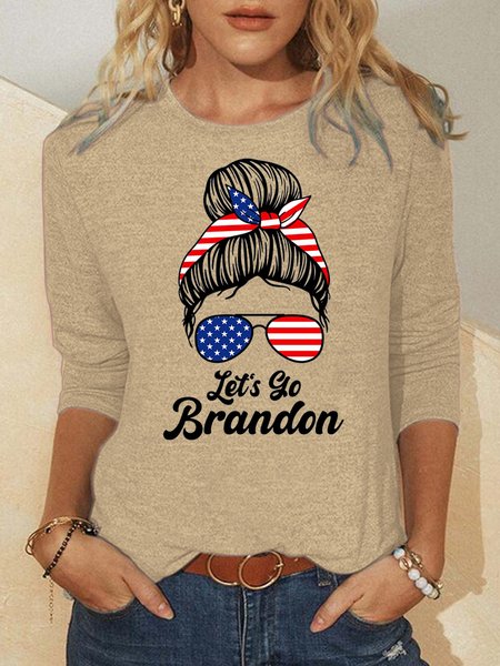 printed round neck long sleeve T-shirt, Khaki, Hoodies&Sweatshirts