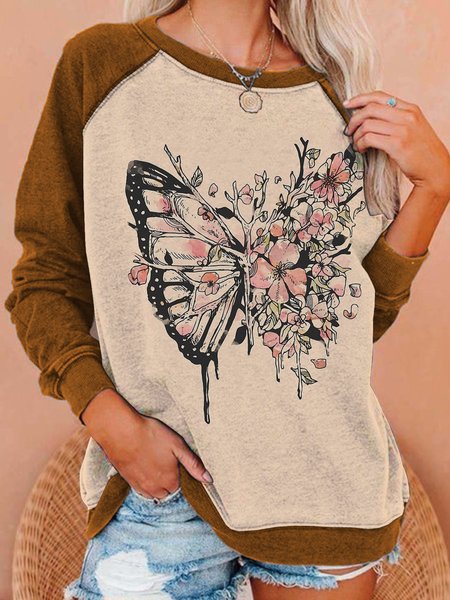 Cotton Blends Crew Neck Floral Sweatshirt, Brown, Hoodies & Sweatshirts