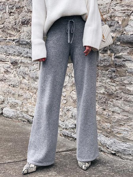 Drawstring Knit Loose Pants, Gray, Pants