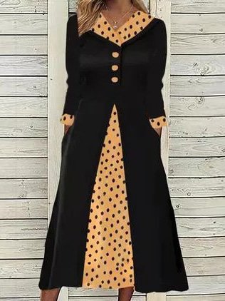Simple Polka Dots Regular Fit Dresses, Black, Midi Dresses