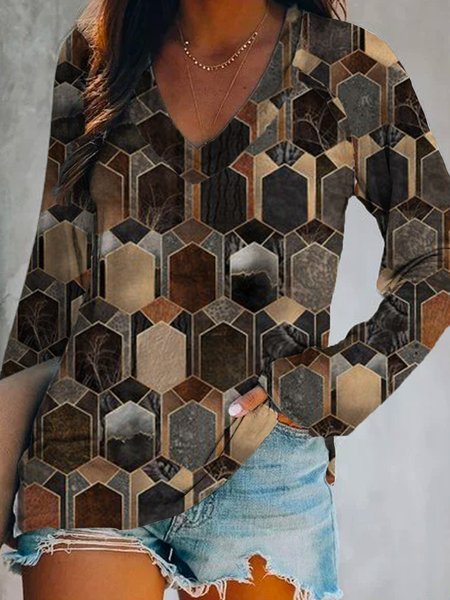 V Neck Geometric Shirts & Tops, As picture, T-Shirts