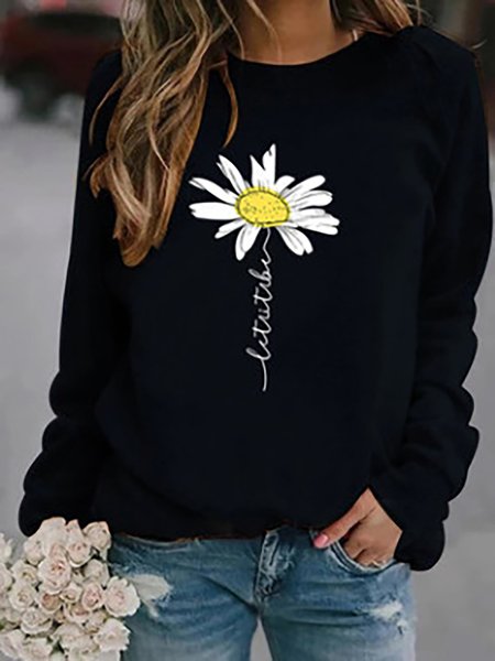 Casual Floral Printed Long Sleeves Shirts & Tops, Black, Hoodies & Sweatshirts