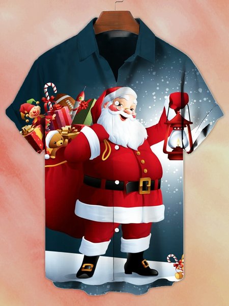 Christmas Short Sleeve Outdoor Floral Shirt, As picture, Men's Floral shirt