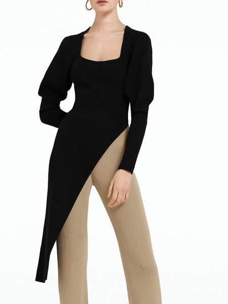 Long sleeve Square Neck Solid Sweater, Black, Pullovers