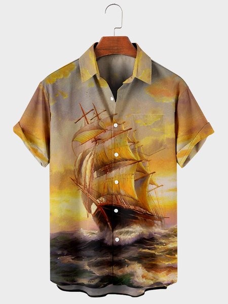 Mens Sailboat Printed Casual Breathable Short Sleeve Shirts, Yellow, Men's Floral shirt