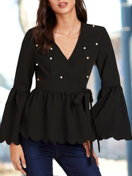 V Neck Regular Fit Solid Flare Sleeve Blouse, Black, Blouses and Shirts