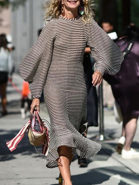 Vacation Striped Crew Neck Dress, Stripe, Midi Dresses