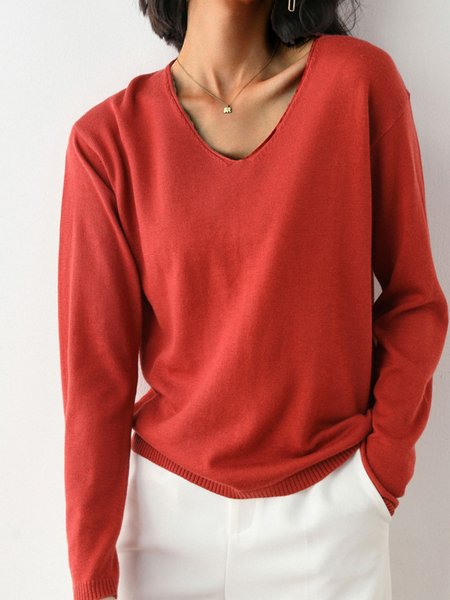 Long Sleeve Plain Casual V Neck Sweater, Rust, Pullovers