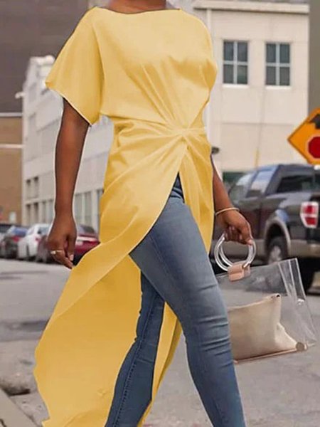 Crew Neck Crew Neck Polyester Slit Date Casual Blouse, Yellow, Blouses and Shirts