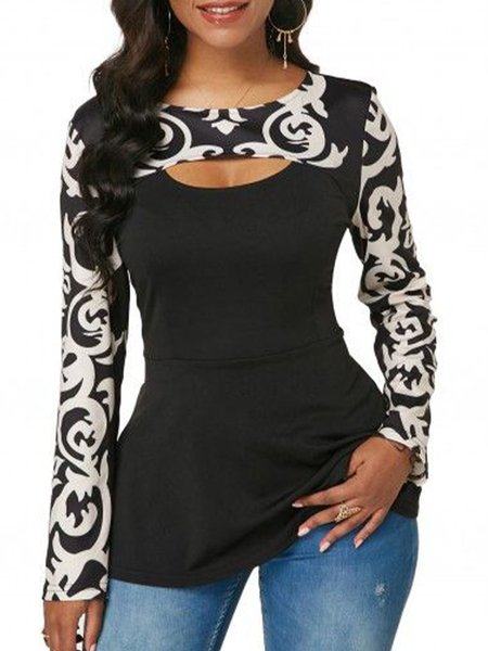 Crew Neck Color Block Regular Fit Top, Black, Tops