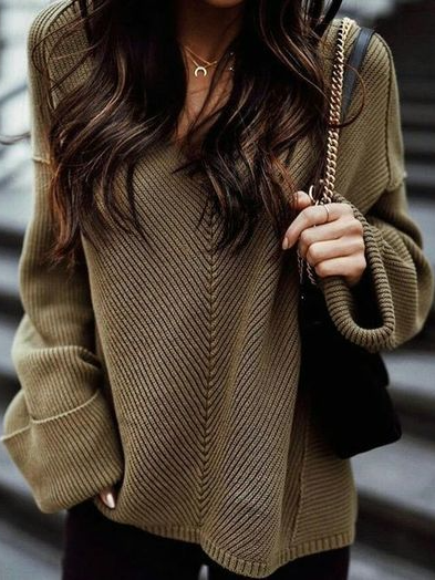 Plain Regular Fit Casual Sweater, Green, Sweaters & Cardigans